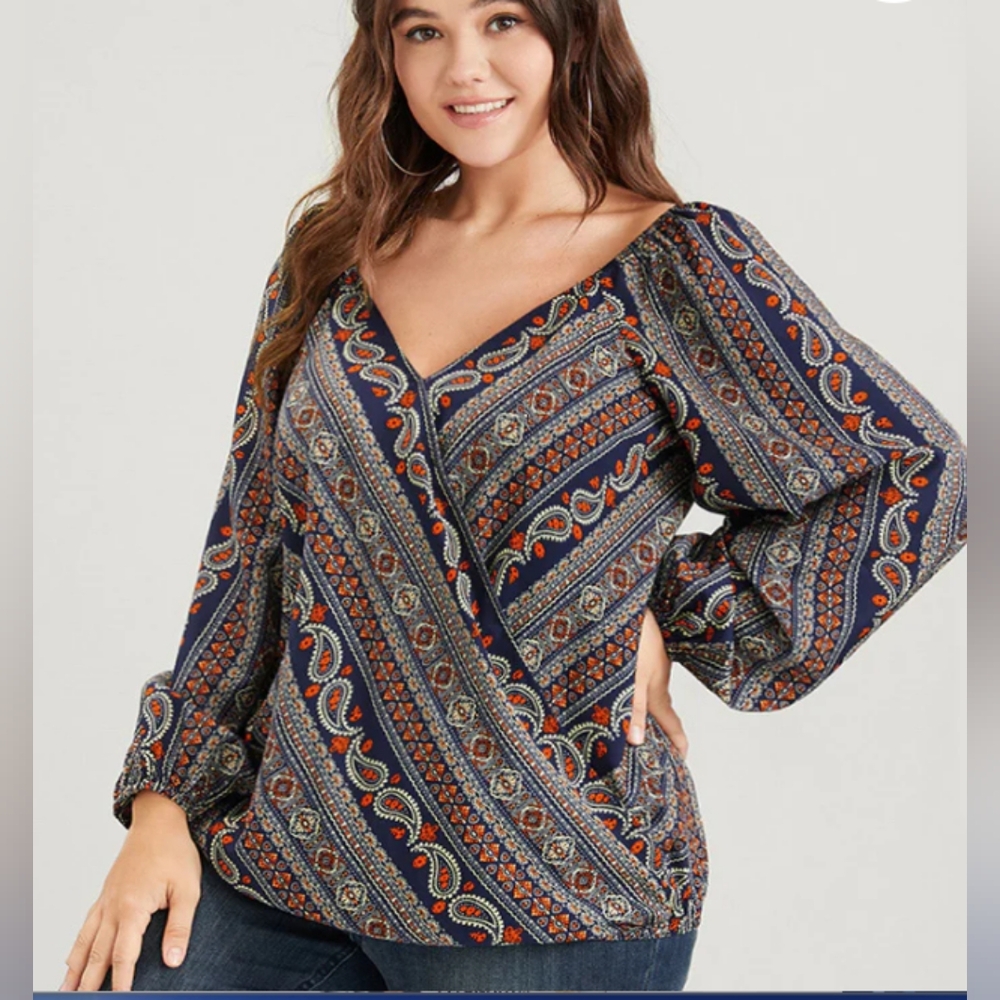 BloomChic Paisley Wrap Blouse Elastic Hems Boho Sleeves Size 14-16